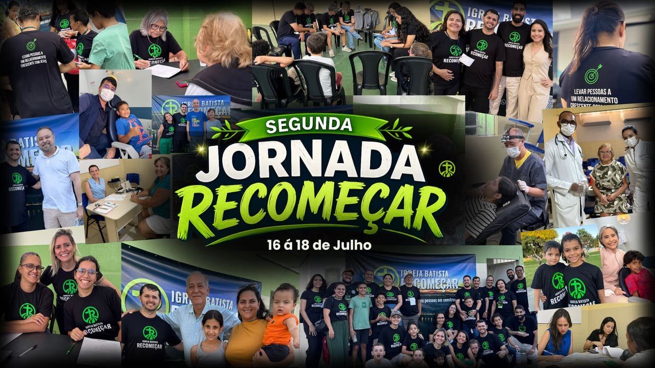 Mosaico de fotos da Segunda Jornada Recomeçar, com voluntários atendendo moradores
